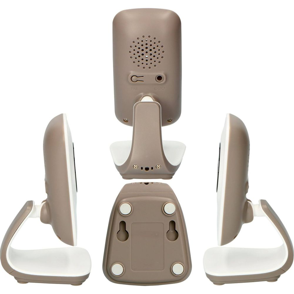 Braunes Babyphone-Gerät aus verschiedenen Blickwinkeln auf weißem Hintergrund.