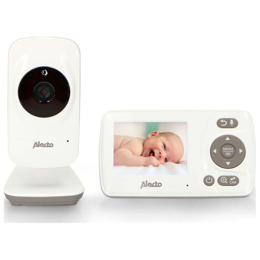 Ein weißes Babyphone mit Kamera und Monitor, das ein Baby zeigt.