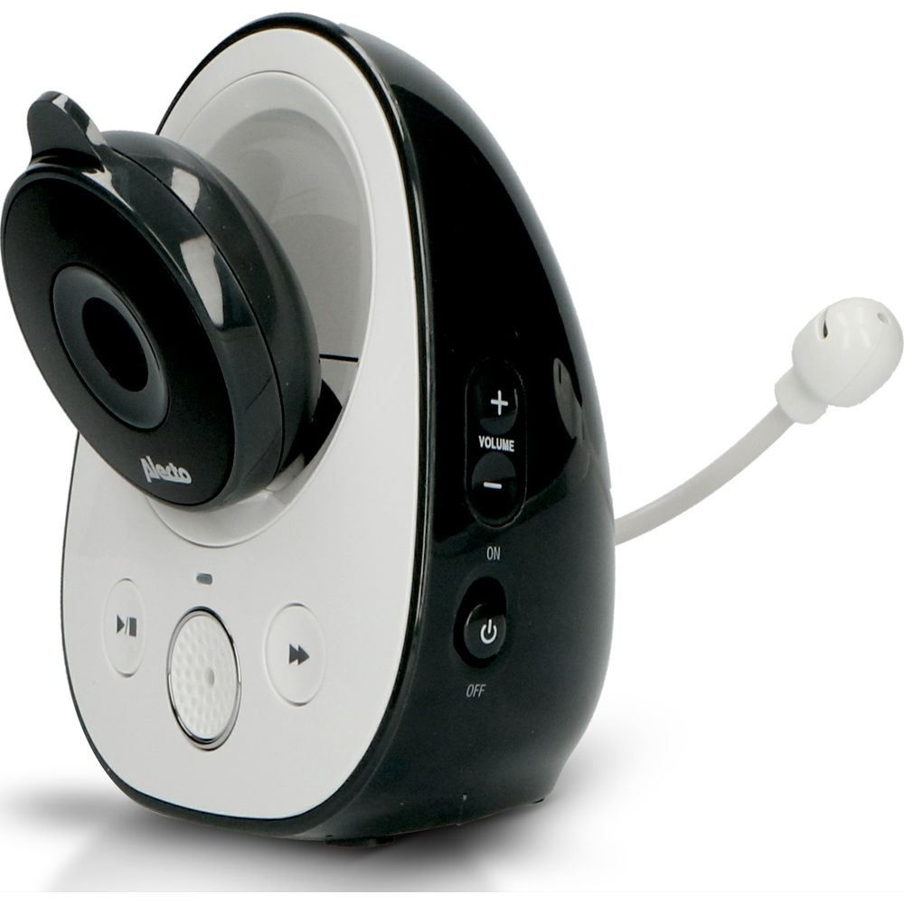 Ein schwarzer und weißer Babyfon-Monitor mit Kamera und Bedienelementen.