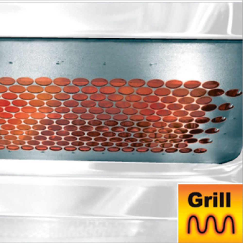 Nahaufnahme eines Grills mit roten Heizstäben und einem "Grill"-Logo.