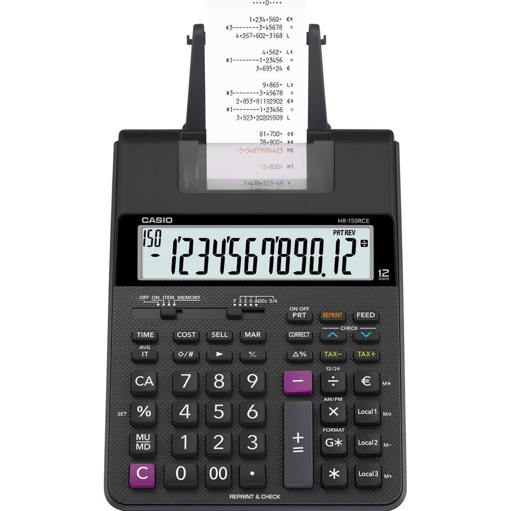 Czarna drukująca kalkulatora Casio z drukowaniem paragonów.