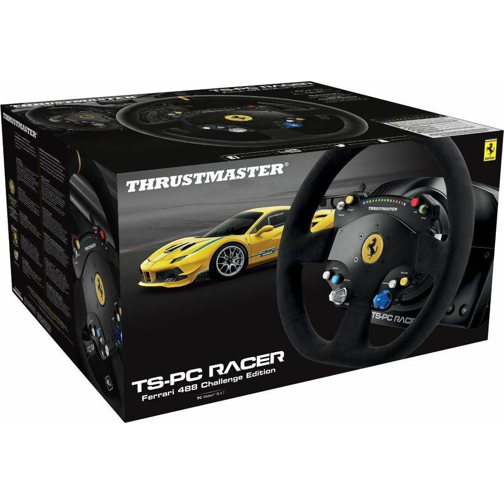 Verpackung eines Thrustmaster TS-PC RACER Ferrari 488 Lenkrads mit einem gelben Ferrari.