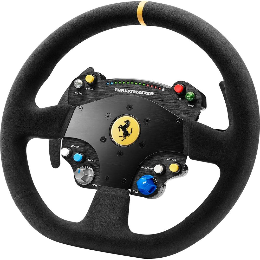 Ein schwarzes Rennlenkrad mit Ferrari-Logo und vielen Bedienelementen.