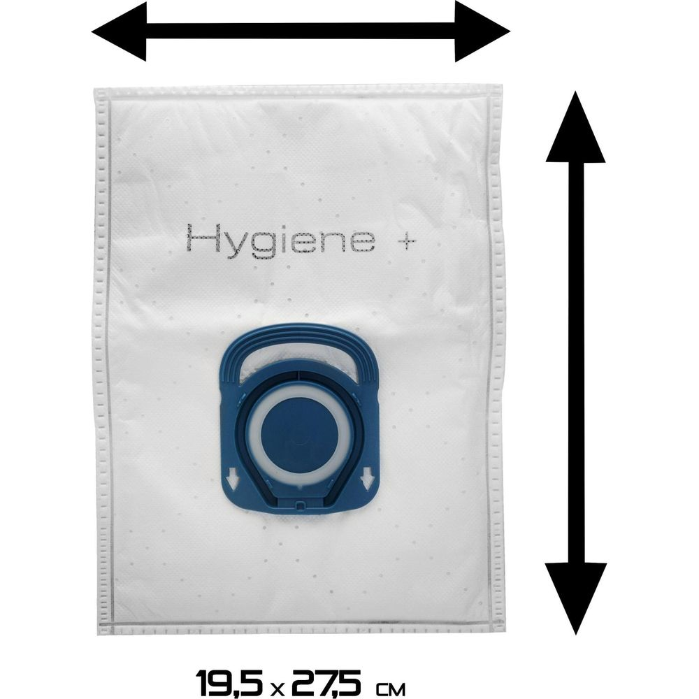 Weißer Staubsaugerbeutel mit blauer Halterung und "Hygiene +" Aufschrift.