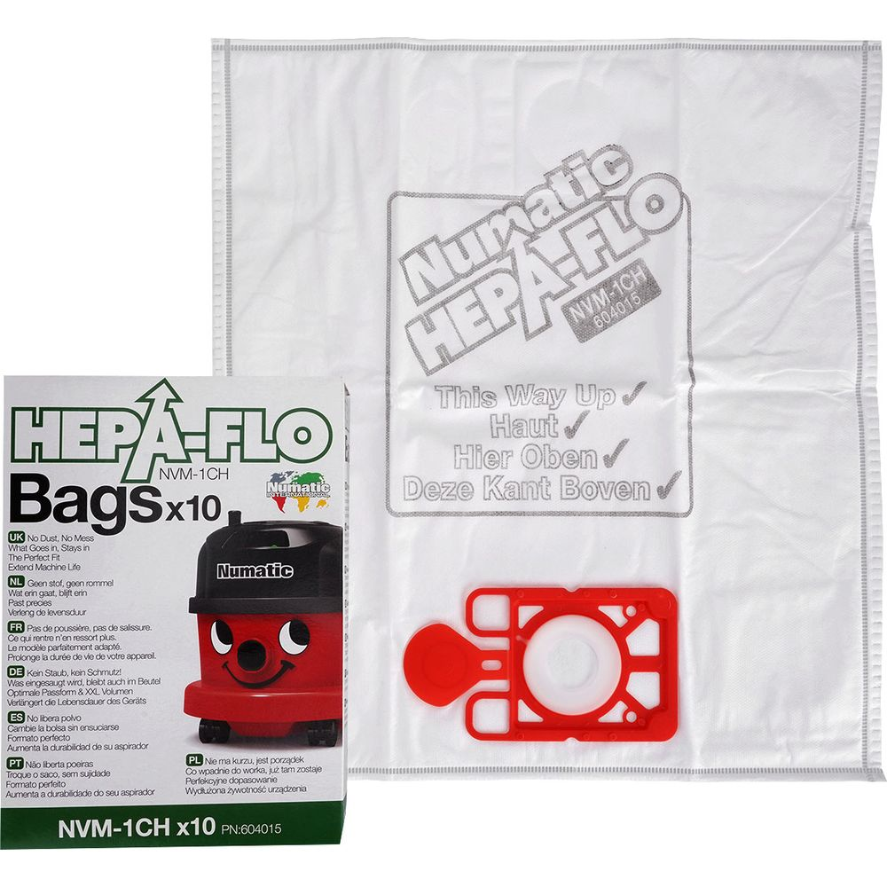 Ein Paket Numatic HEPA-FLO Staubsaugerbeutel mit einem roten Staubsaugerkopf.