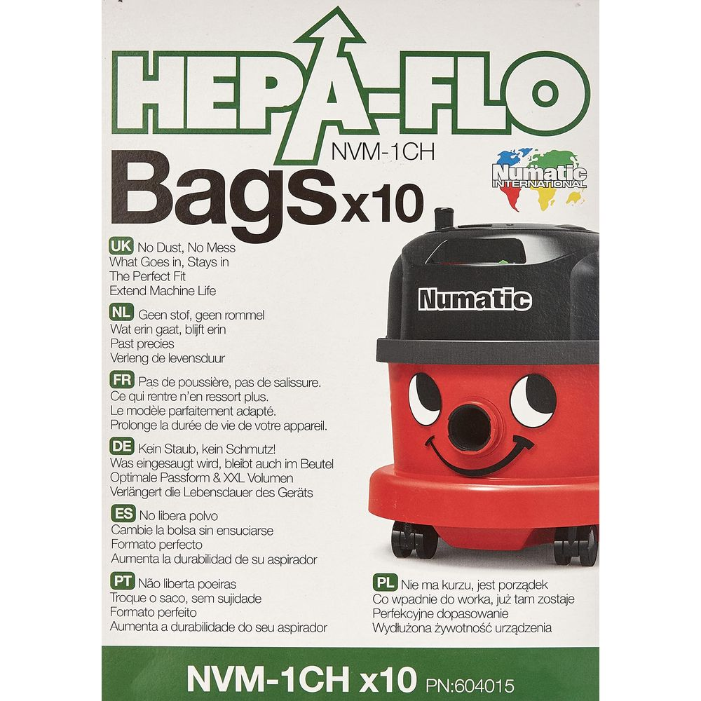 Roter Numatic Staubsauger mit "HEPA-FLO Bags x10" Aufdruck.