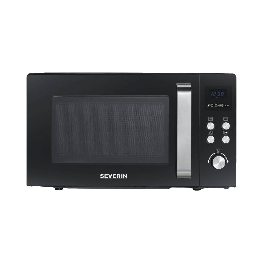 Czarna kuchenka mikrofalowa z srebrną rączką i cyfrowym wyświetlaczem, na białym tle.