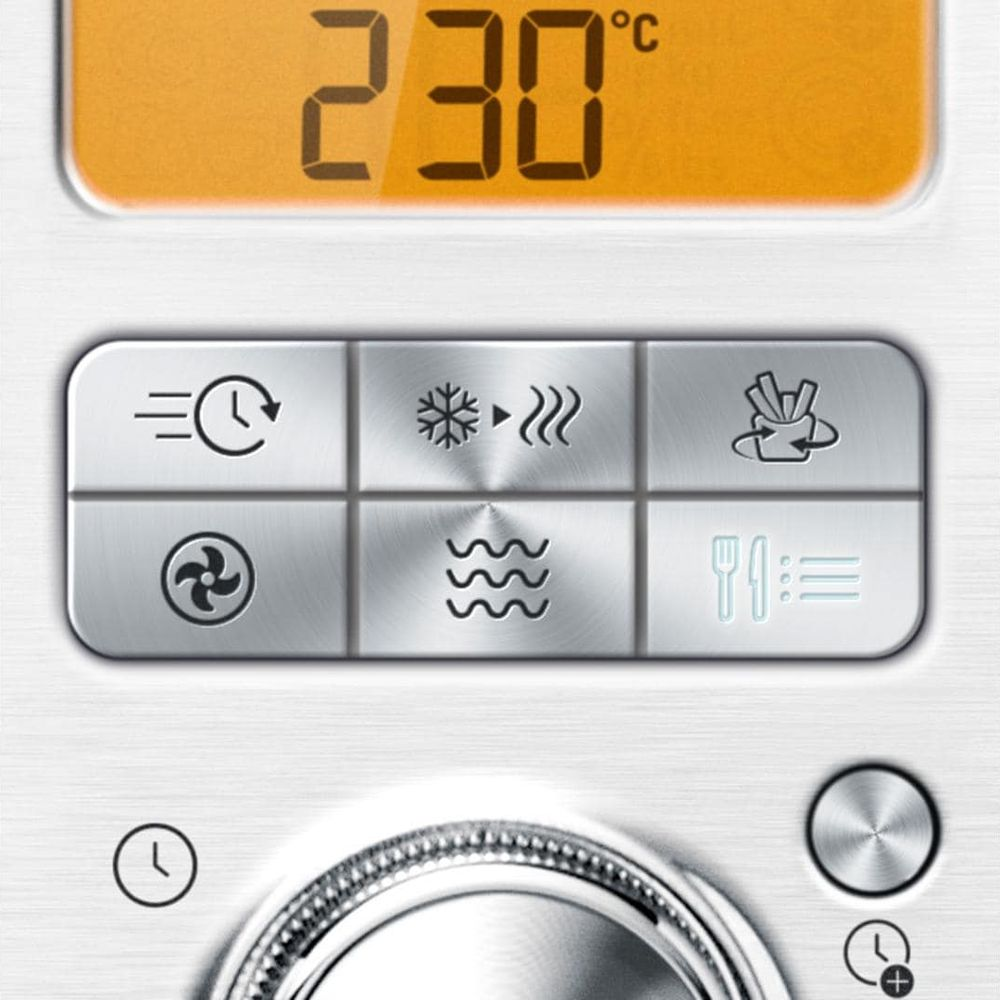 Affichage numérique 230 degrés. Panneau tactile avec icônes pour temps, froid, air chaud, ventilateur, vagues et nourriture.