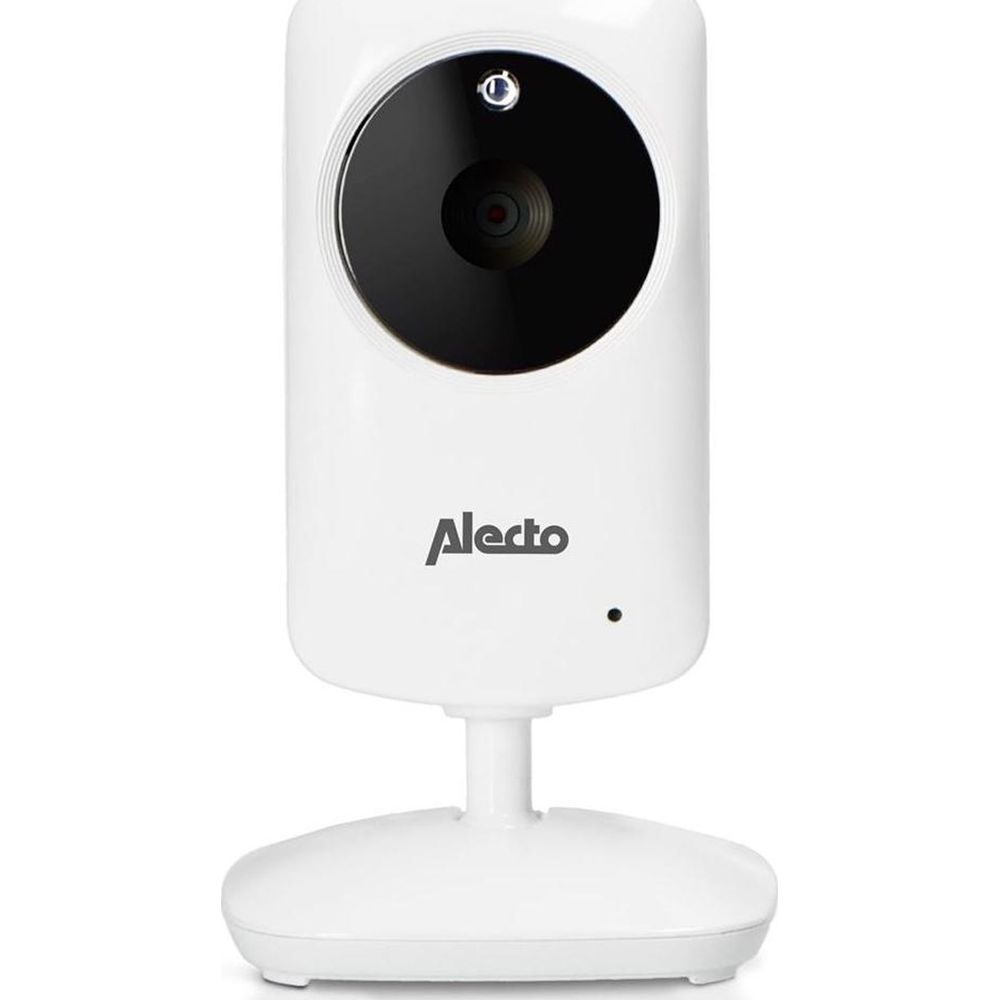 Un vigilabebés blanco Alecto con lente de cámara y logotipo Alecto.
