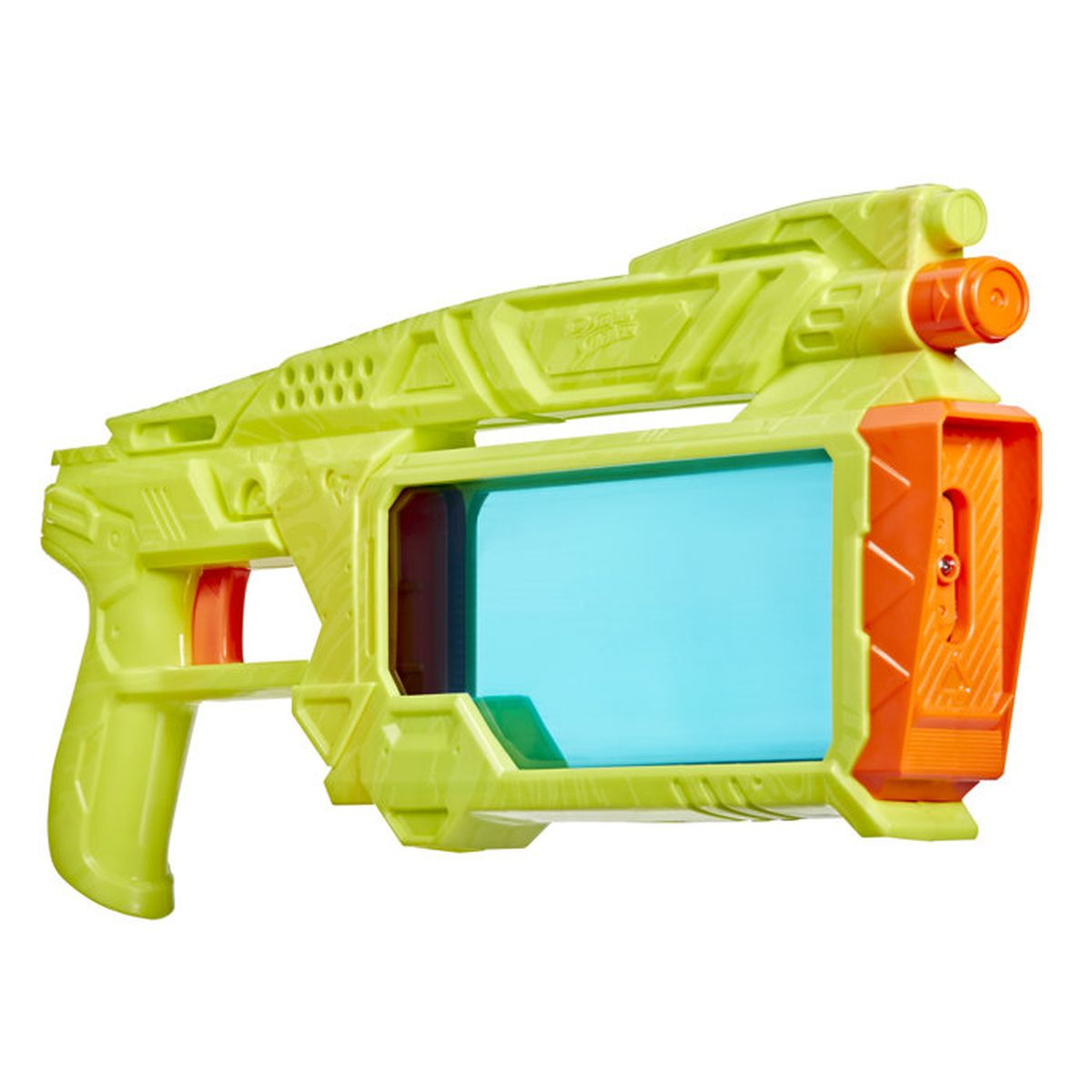 Neongrüne Wasserpistole mit blauem Tank und orangen Akzenten.