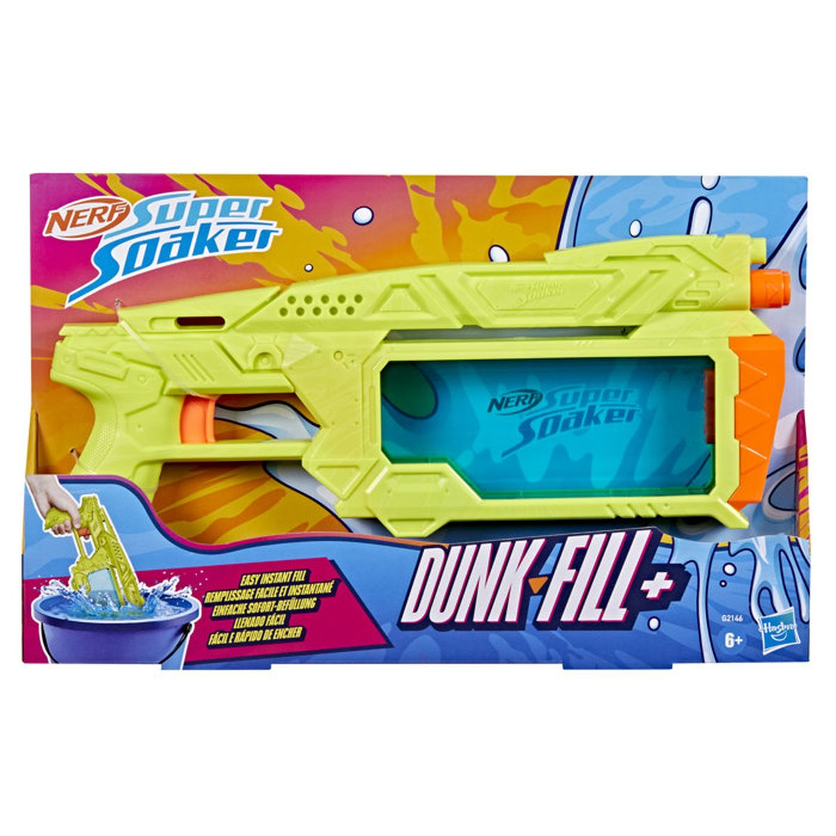 Ein gelber Nerf Super Soaker Wasserpistole mit blauem Tank auf bunter Verpackung.