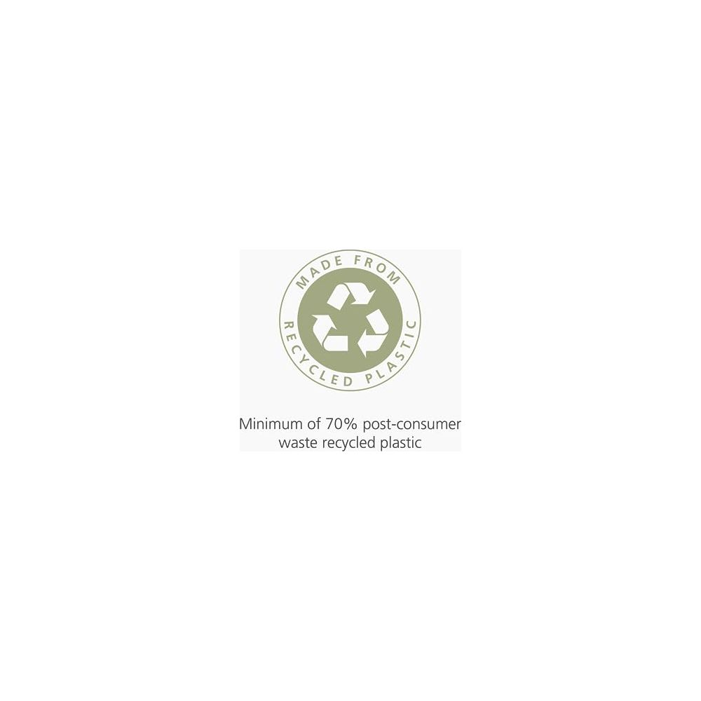 Logo: Hecho con 70% plástico reciclado, símbolo de flechas circulares.