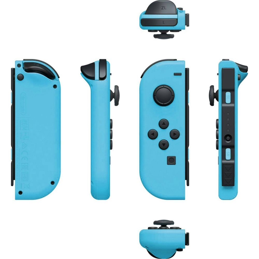 Jasnoniebieskie kontrolery Nintendo Switch Joy-Con pokazane pod różnymi kątami.