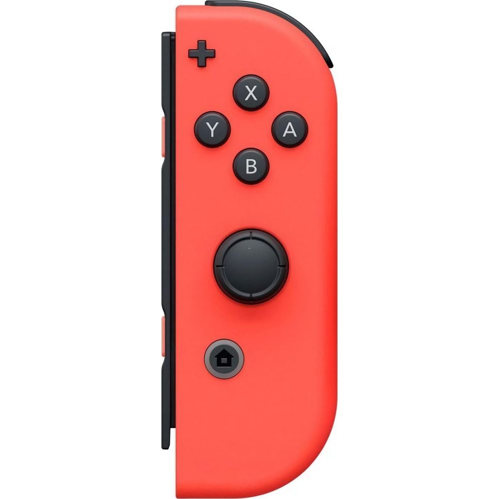 Czerwony Joy-Con Nintendo Switch z czarnymi przyciskami: +, X, Y, A, B, joystick i ikoną domu.
