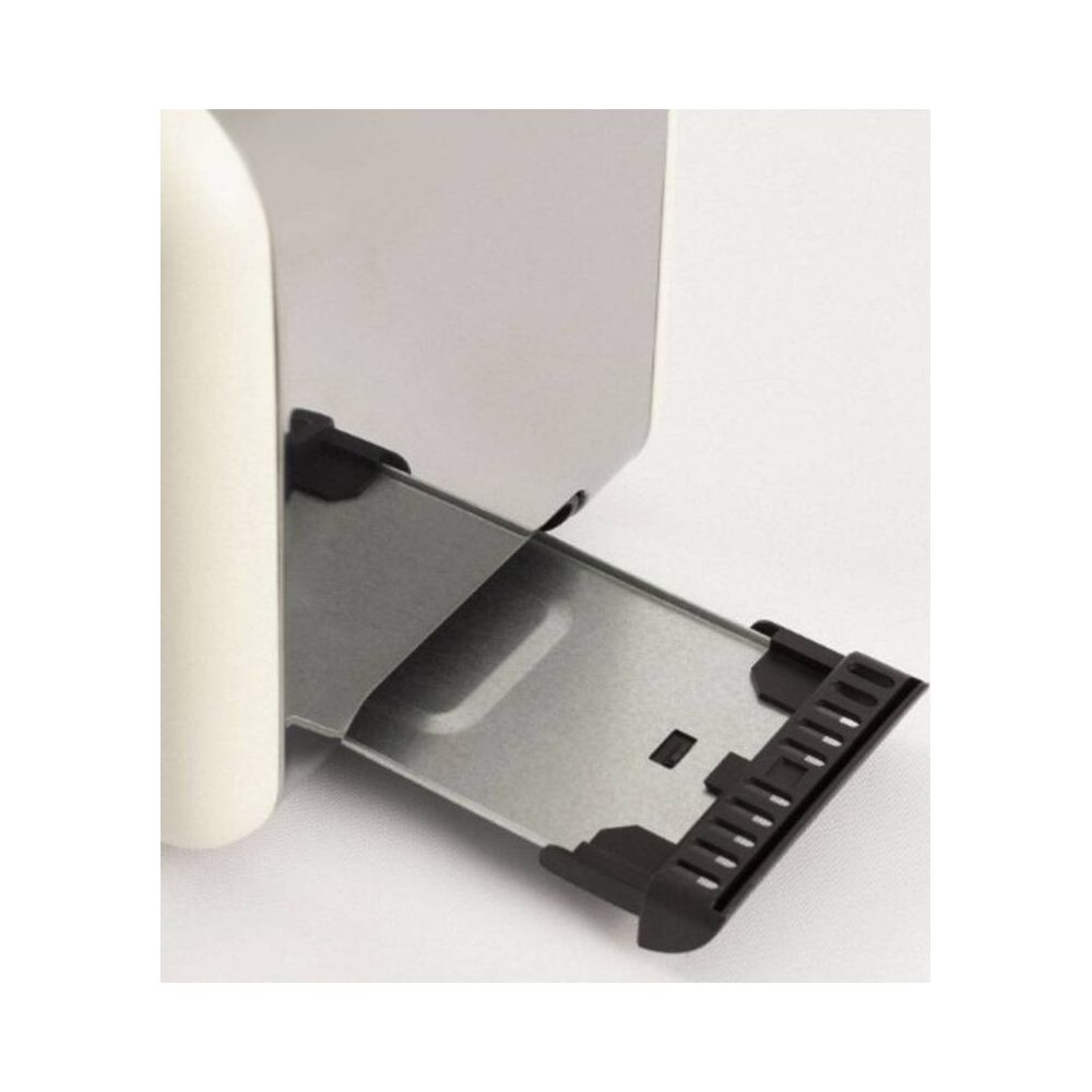 Mecanismo de cajón extensible con guías metálicas y piezas de plástico negro.