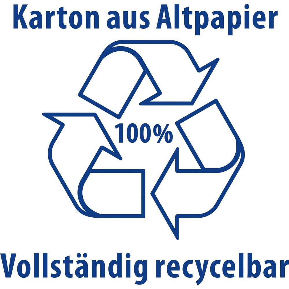 Blaues Recycling-Symbol mit '100%' und Text über Karton aus Altpapier.