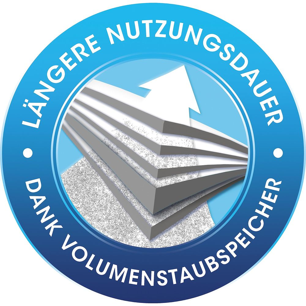 Längere Nutzungsdauer dank Volumenstaubspeicher mit Pfeil nach oben.