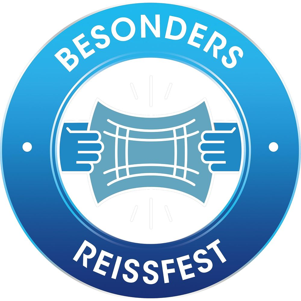 Blauer Kreis mit Händen, die ein Gitterpapier halten. Beschriftung: BESONDERS REISSFEST