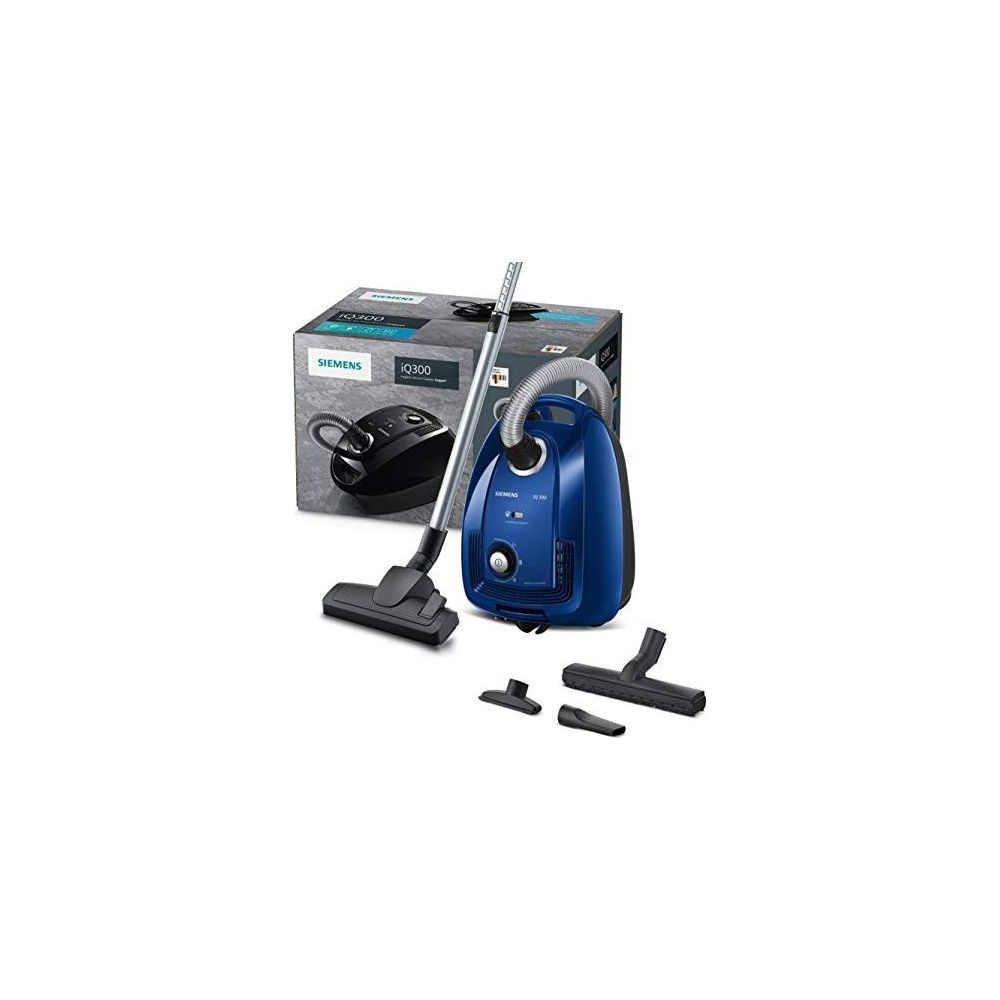 Niebieski odkurzacz Siemens z akcesoriami i opakowaniem.