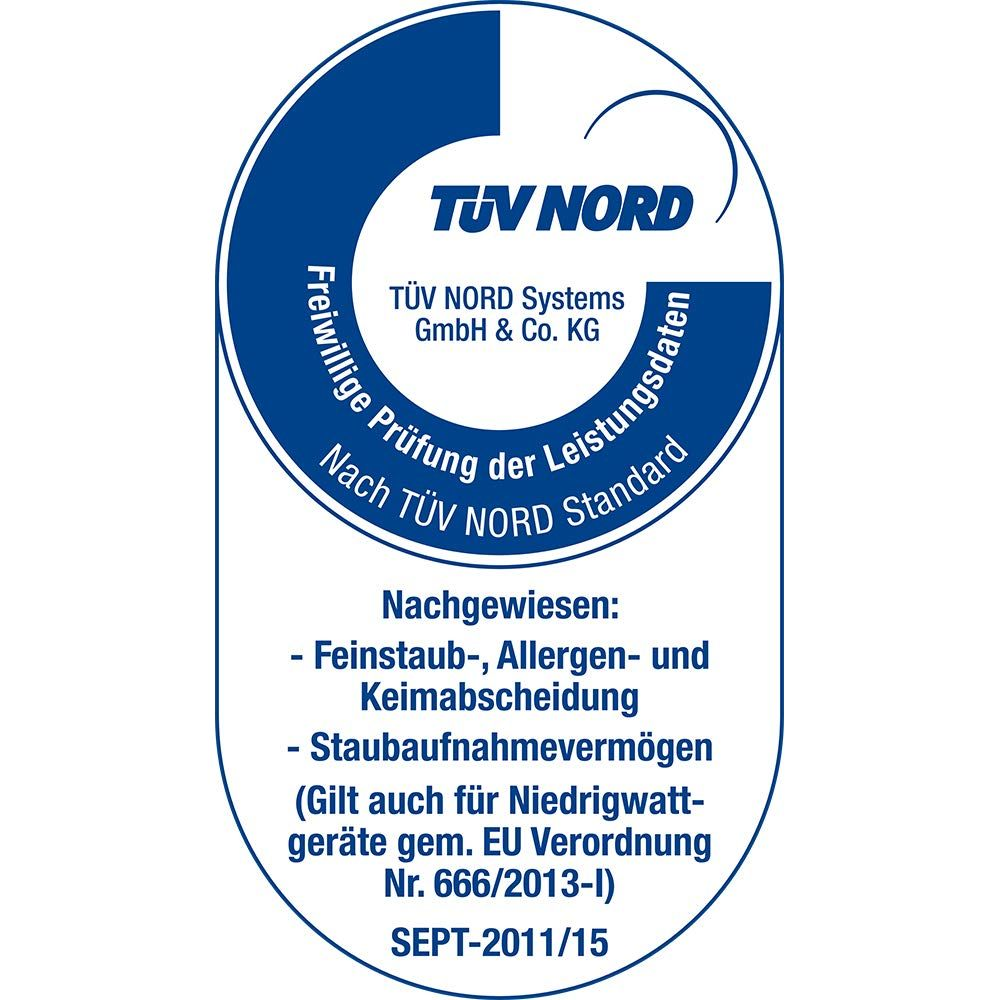 TÜV NORD Siegel mit Nachweis für Staub-, Allergen- & Keimabscheidung