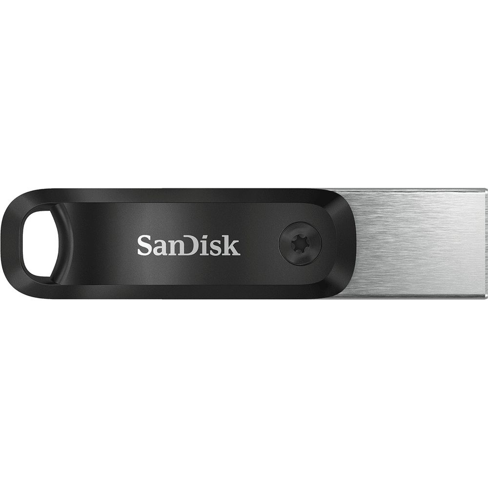 Czarny pendrive SanDisk z metalowym, srebrnym zakończeniem i otworem.