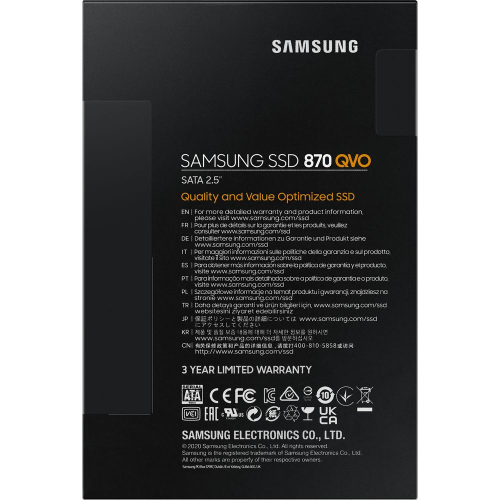 Samsung SSD 870 QVO, SATA 2.5 pouces, garantie limitée 3 ans.
