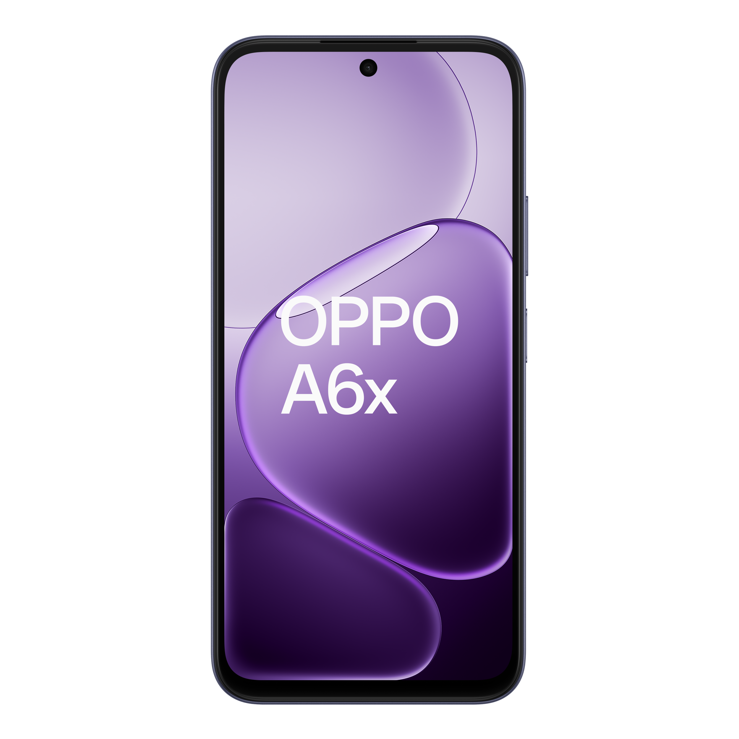 Smartphone OPPO A6x violet avec motif ondulé à l'écran.