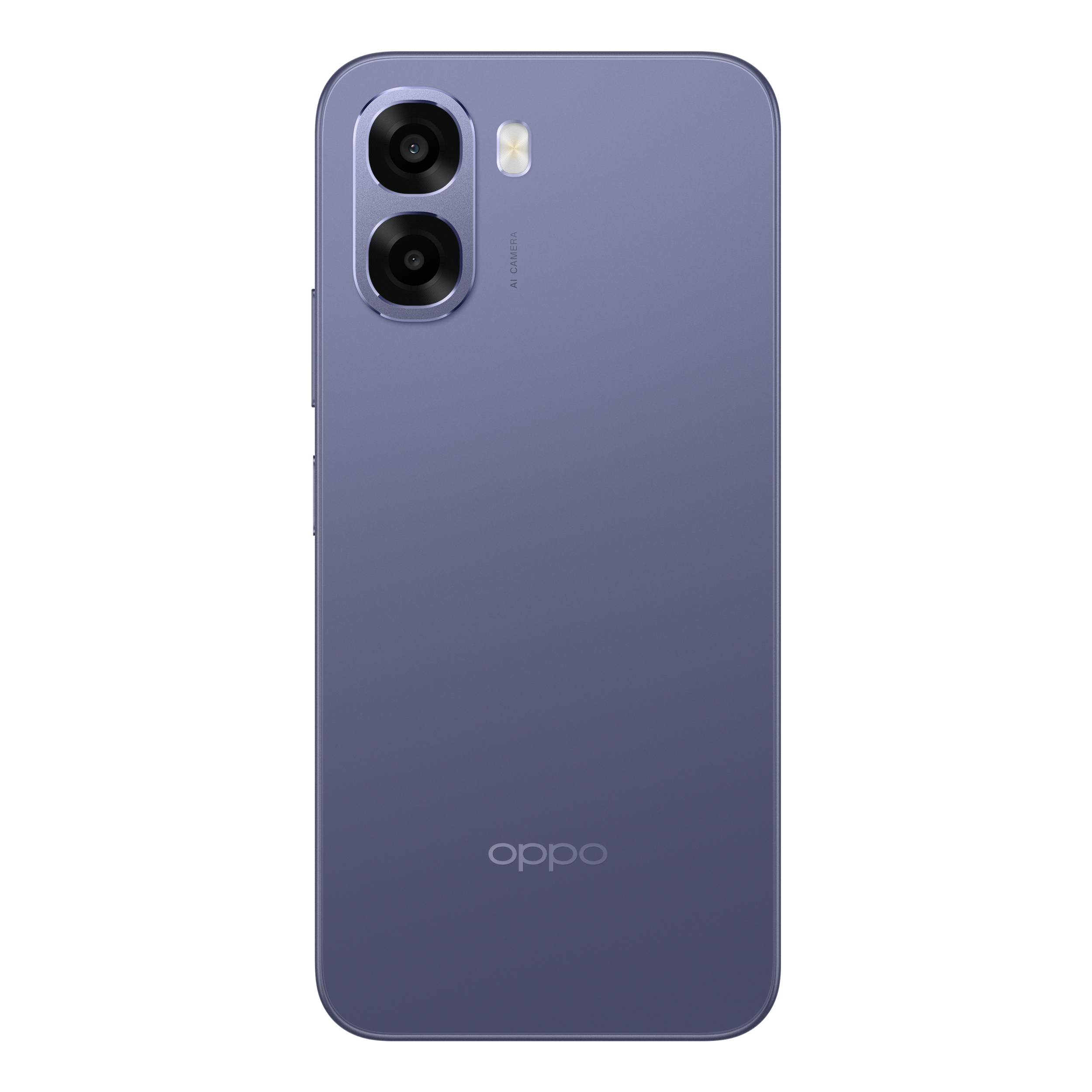 Fioletowy smartfon OPPO z dwoma aparatami i lampą błyskową.