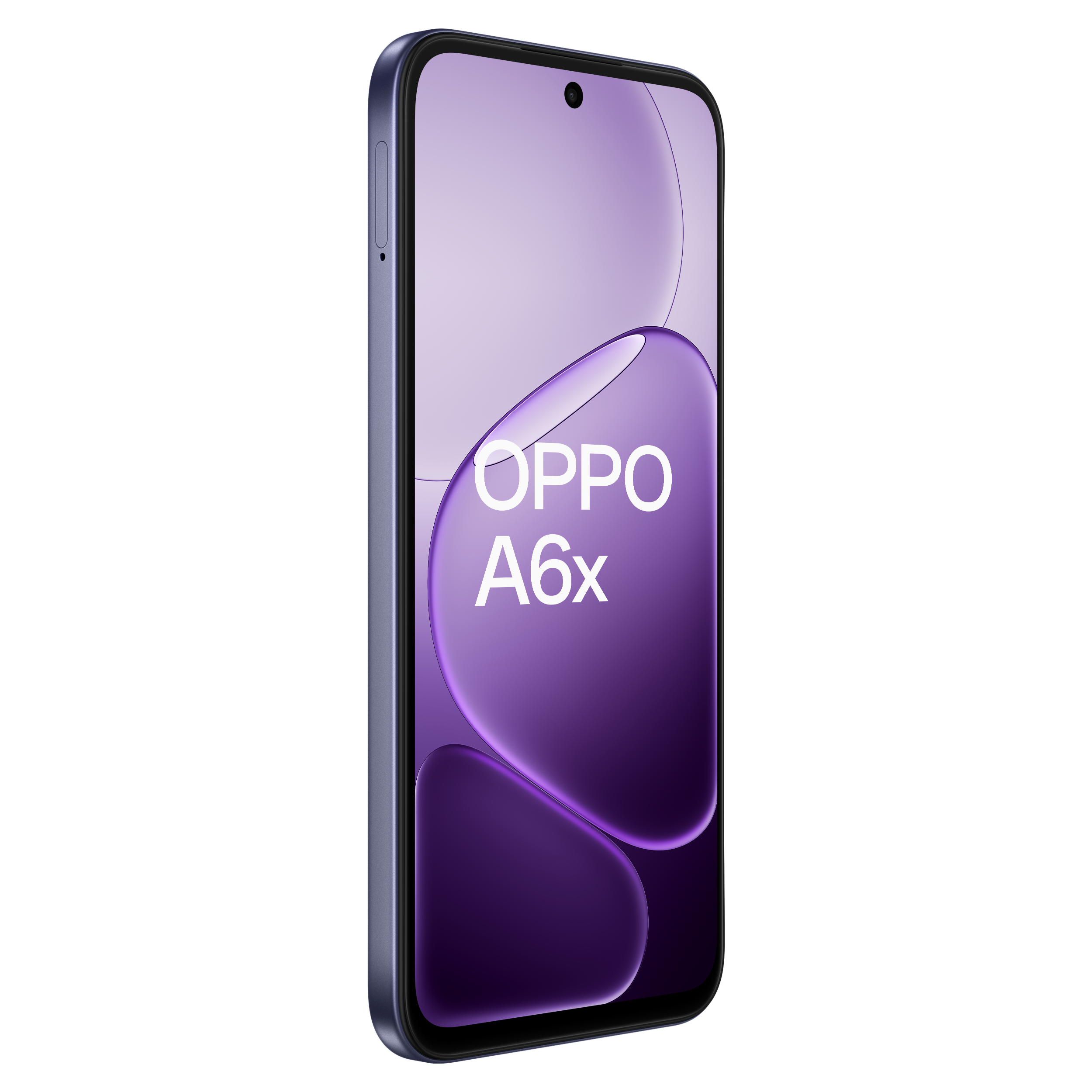 Un smartphone OPPO A6x bleu avec un fond graphique violet.