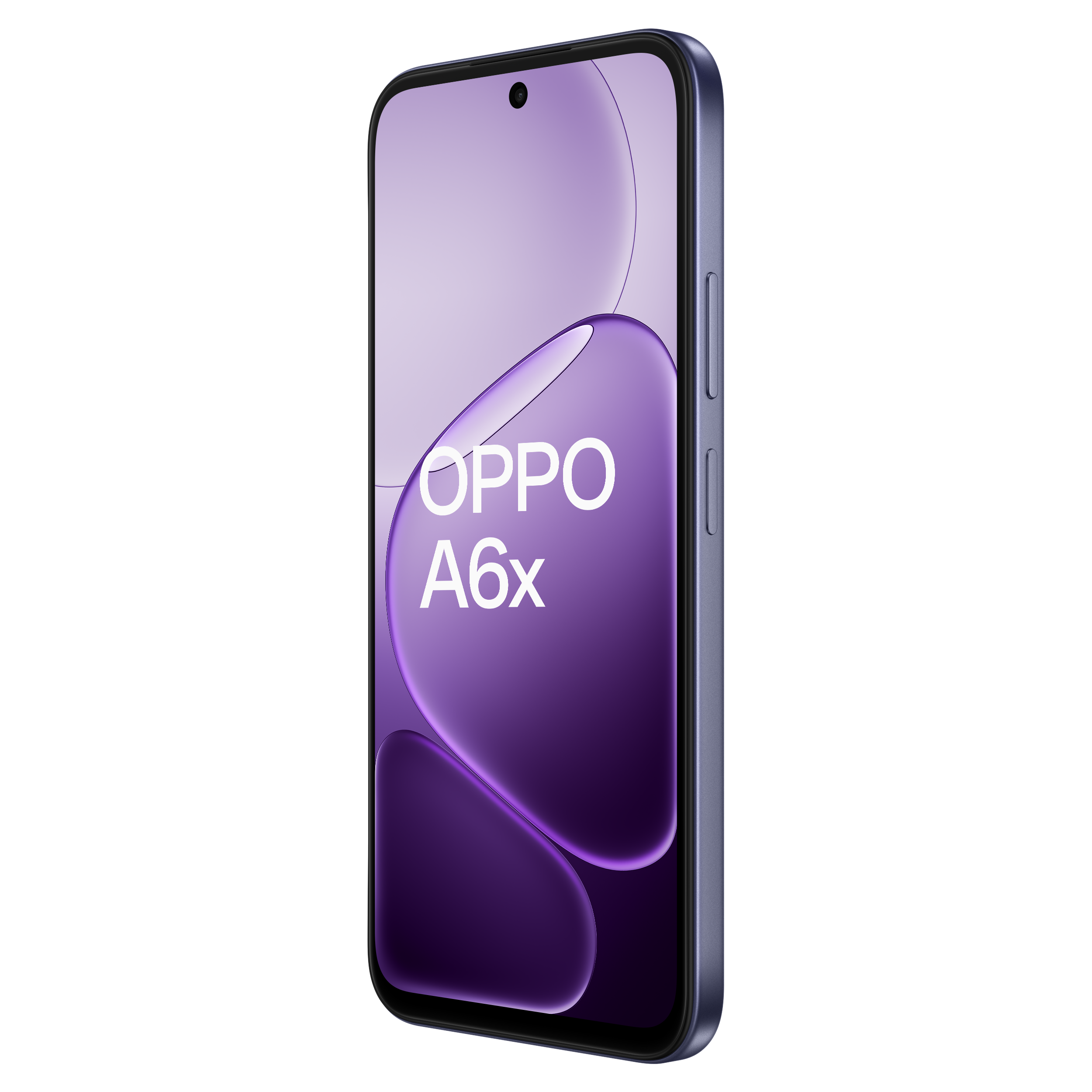 Un smartphone OPPO A6x bleu avec un fond violet ondulé.