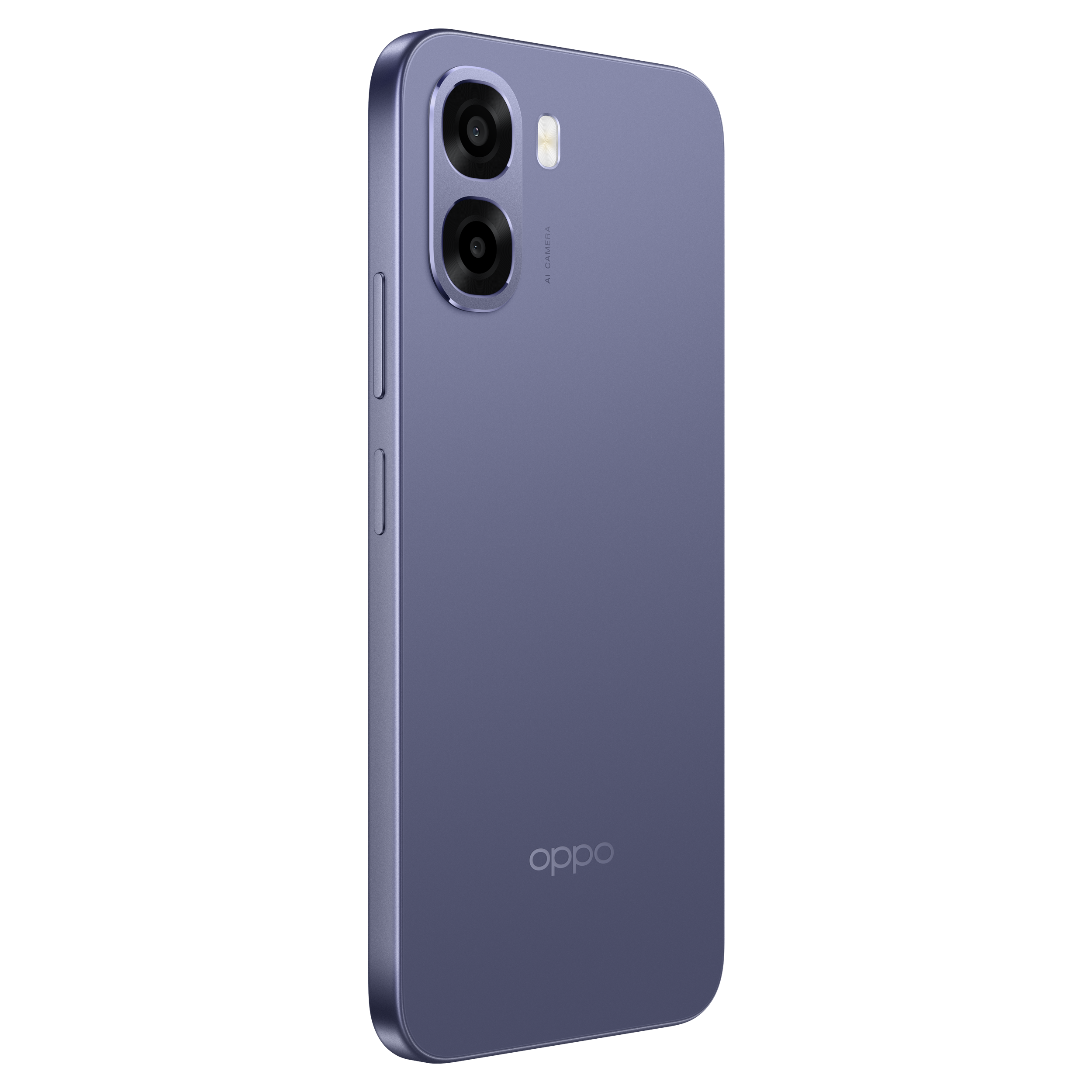 Tył fioletowego smartfona z dwoma aparatami i logo Oppo.