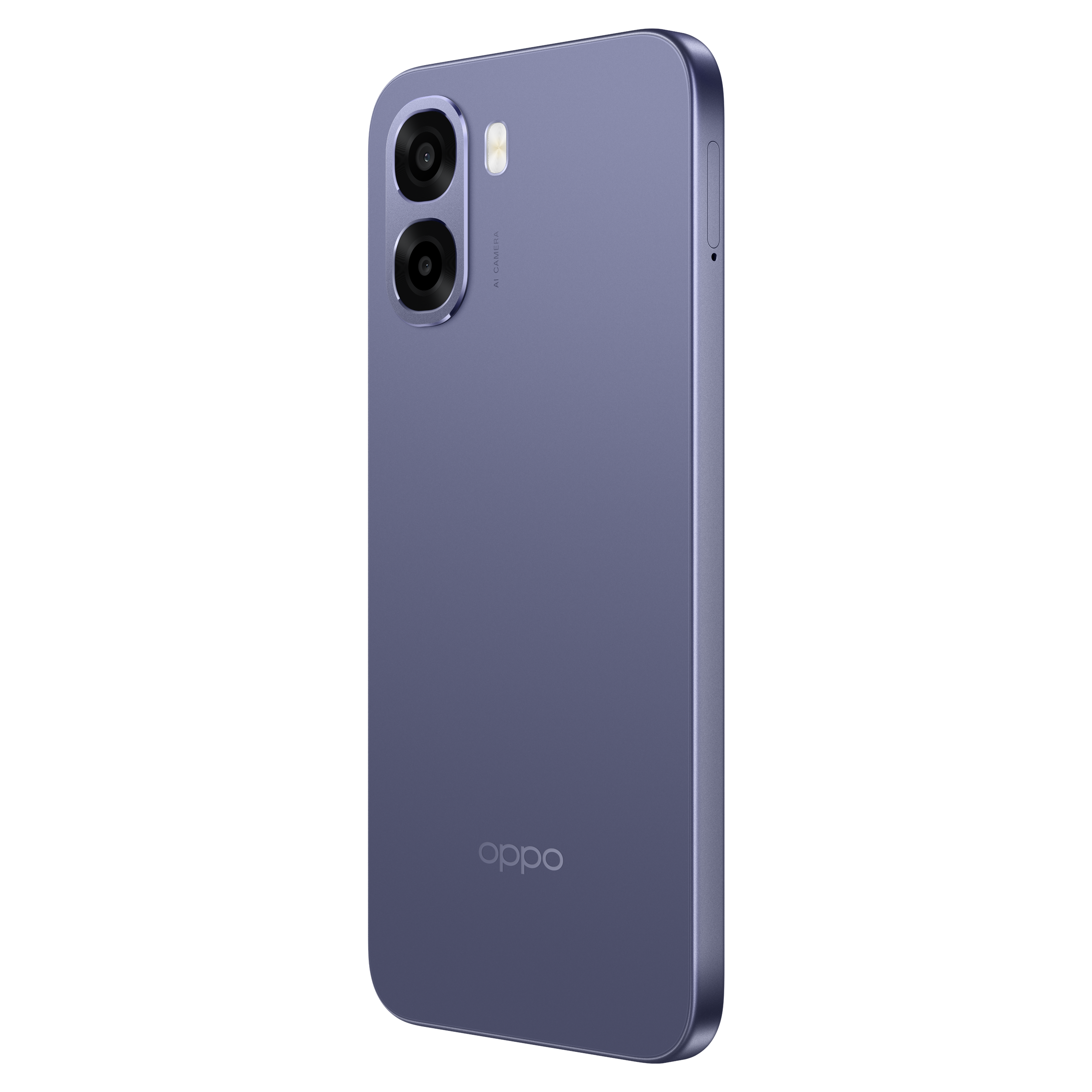 Tył fioletowego smartfona z dwoma aparatami i logo Oppo.
