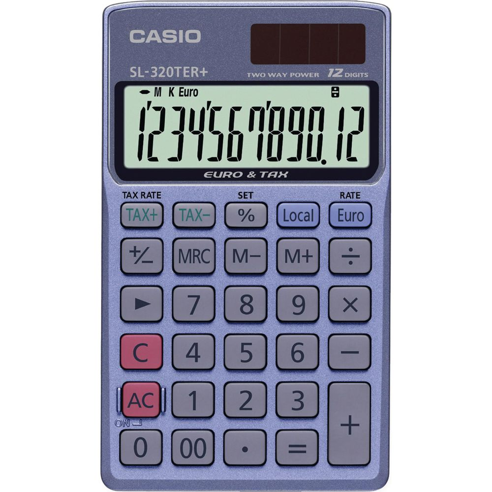 Calculatrice Casio SL-320TER+ bleue affichant 1234567890.12.