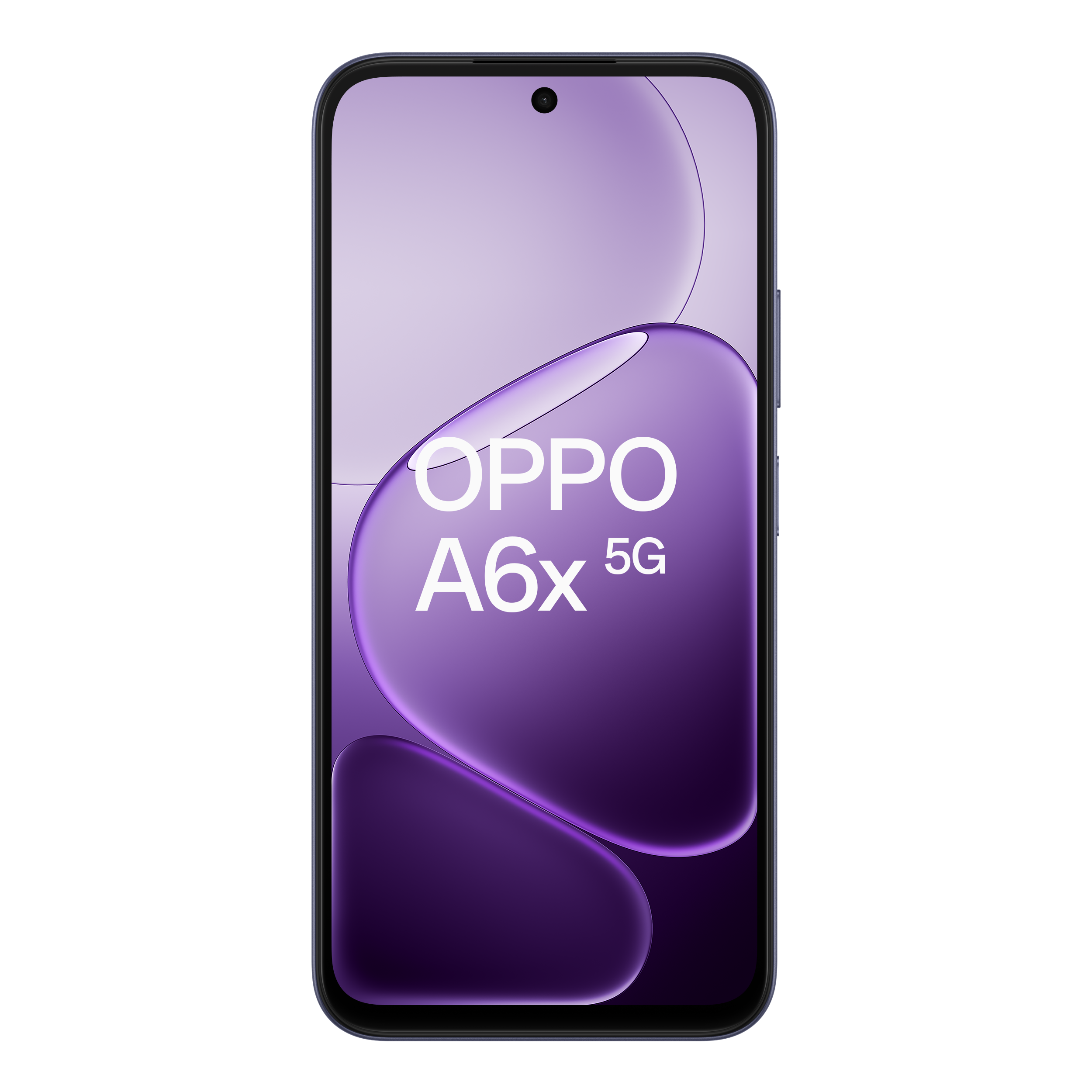 Fioletowy smartfon OPPO A6x 5G z zaokrąglonymi kształtami na ekranie.