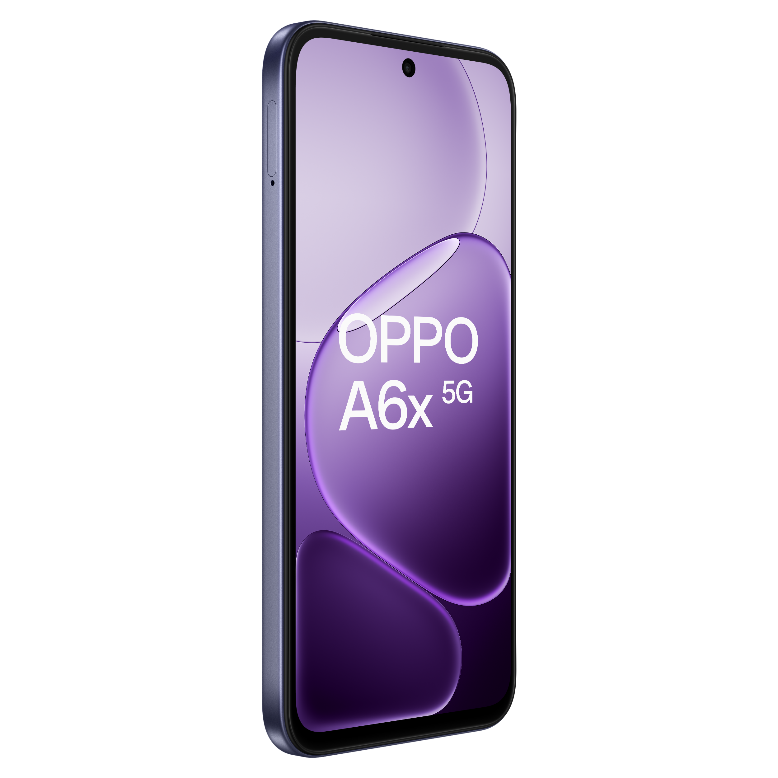 Fioletowy smartfon OPPO A6x 5G z otworem na aparat.