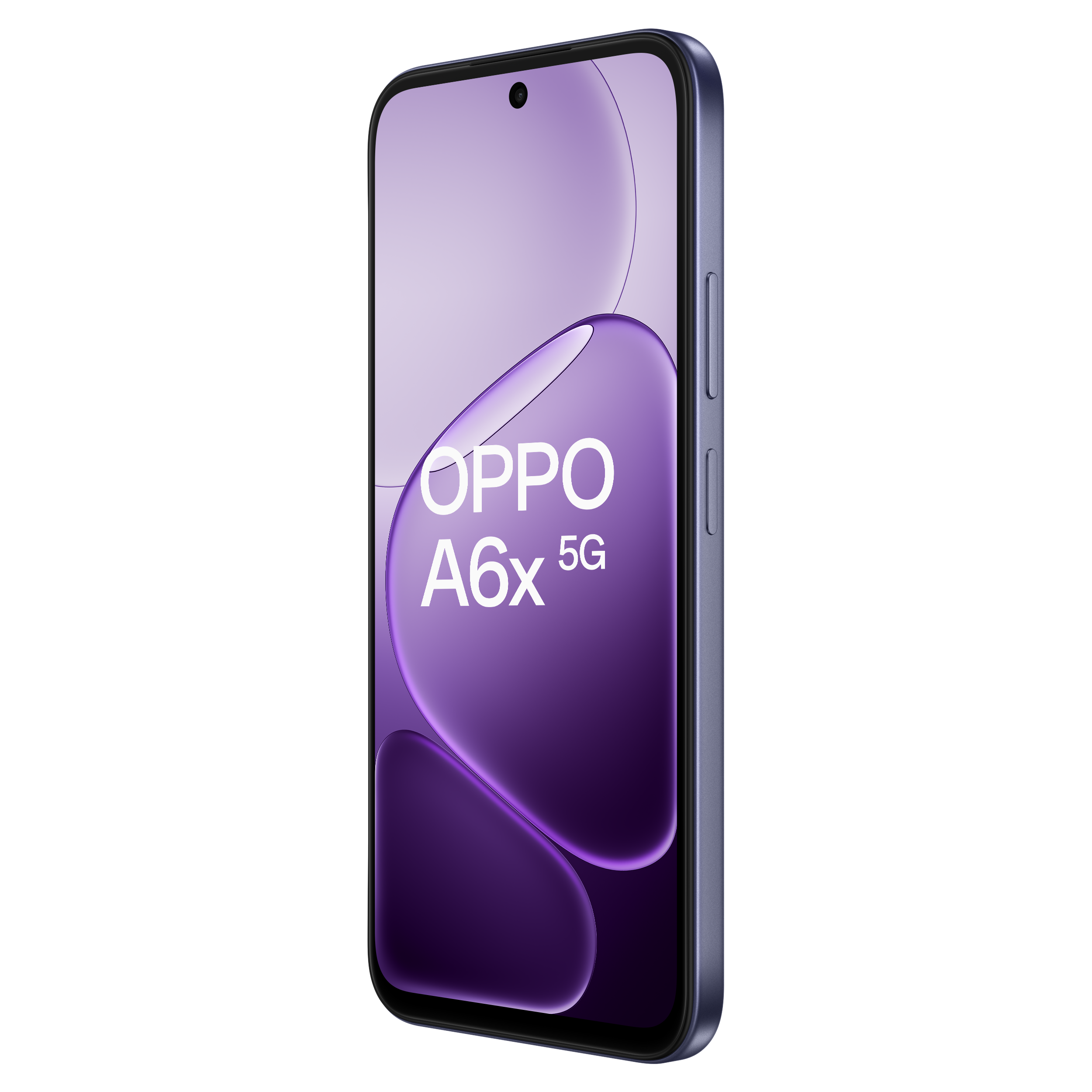 Niebieski smartfon OPPO A6x 5G z fioletową ilustracją na ekranie.