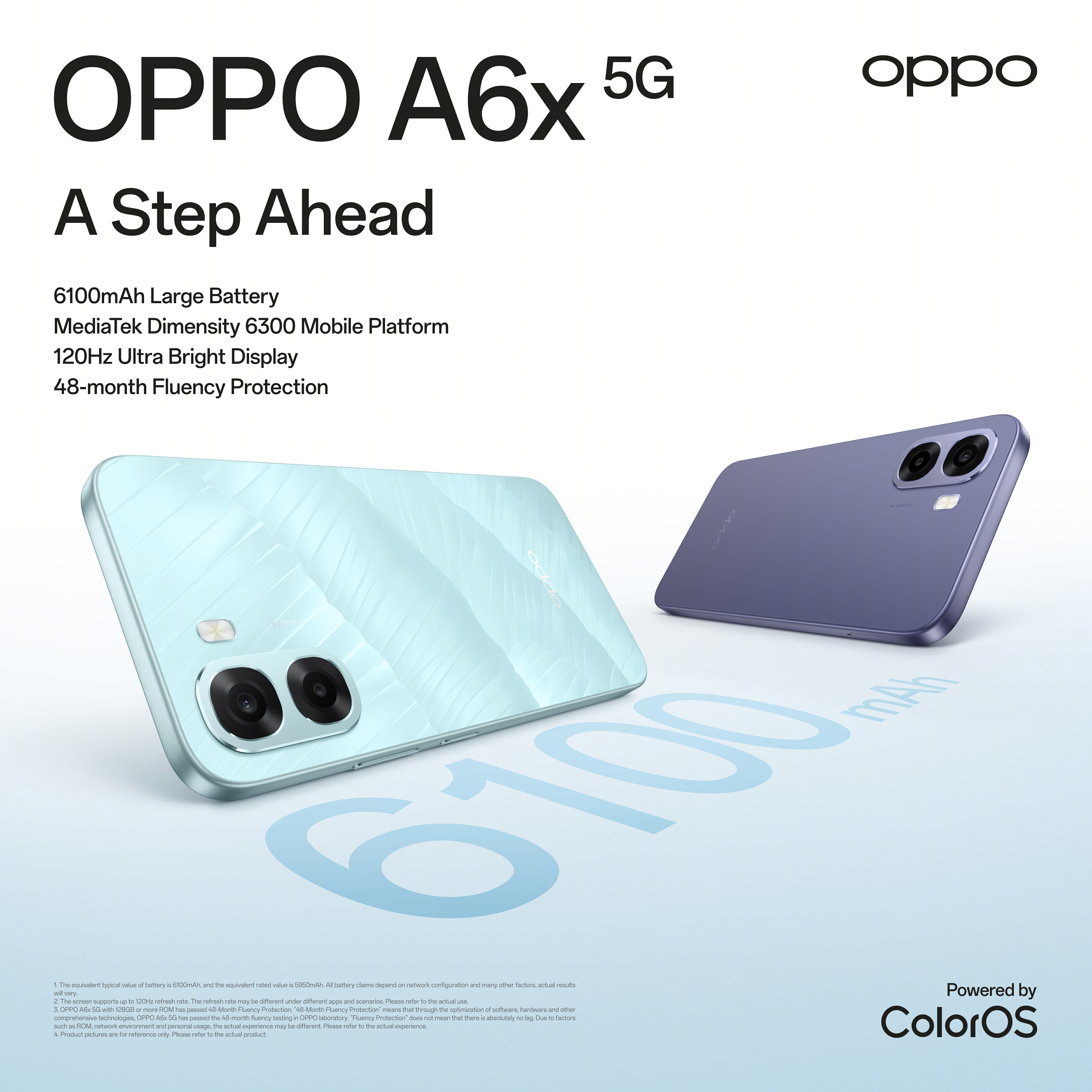 Two OPPO A6x 5G phones, one mint green, one purple, with text.