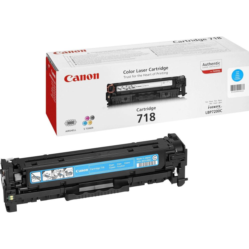 Toner Canon 718 Cyan na pudełku z osobnym tonerem obok.