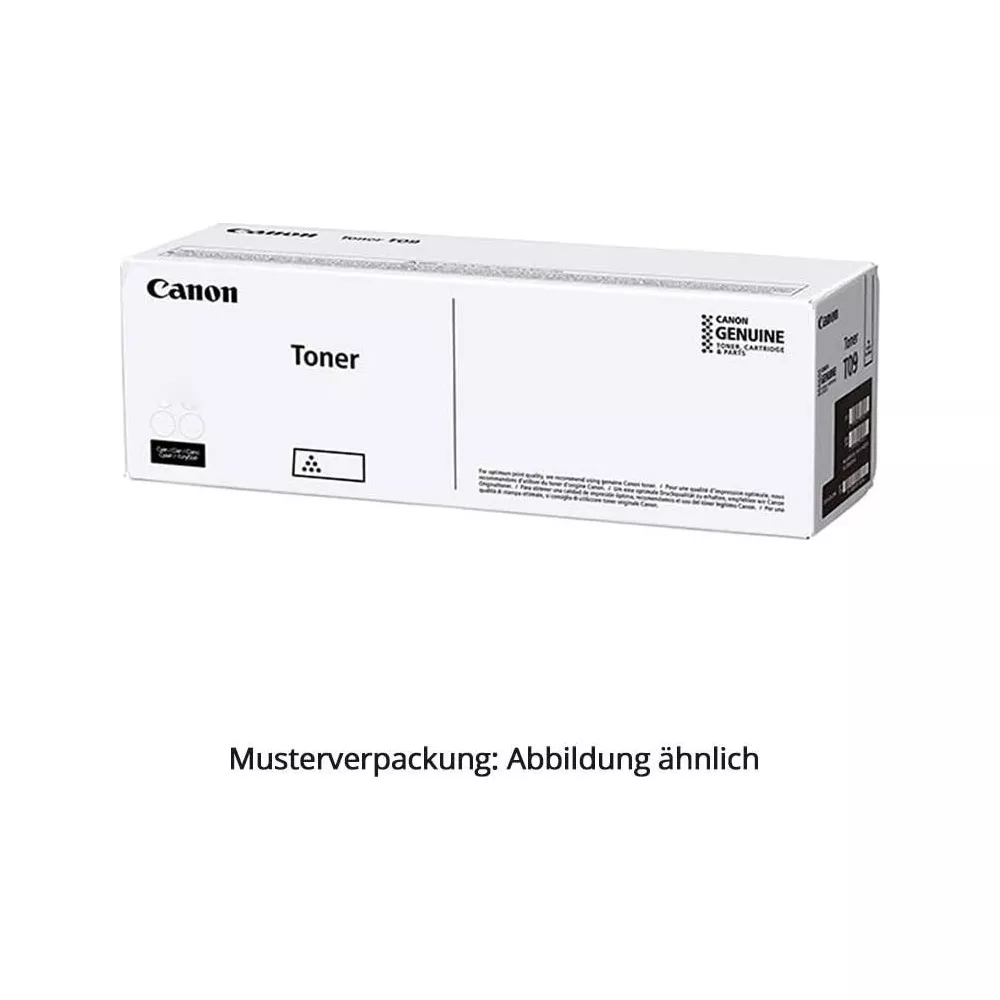 Białe pudełko tonera Canon z czarnym napisem i logo. Opakowanie wzorcowe.