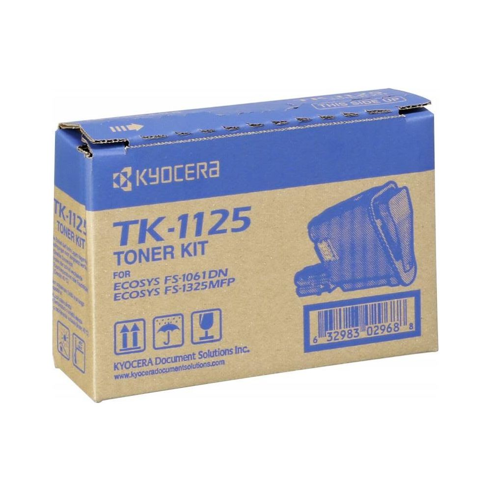 Pudełko z tonerem Kyocera TK-1125 ze zdjęciem produktu i kodem kreskowym.