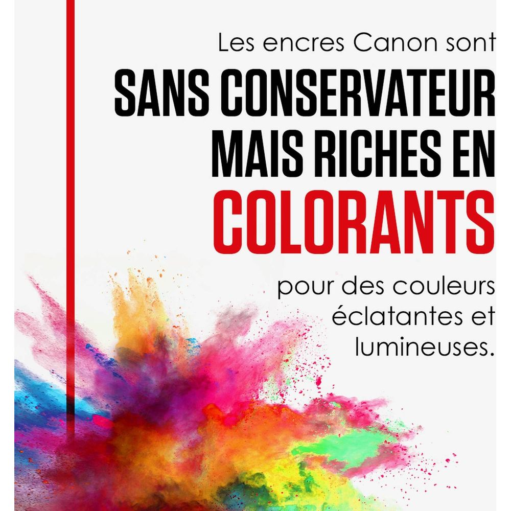 Tusze Canon bez konserwantów, bogate w barwniki dla żywych, lśniących kolorów.