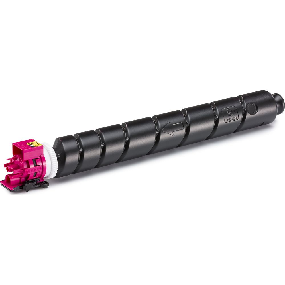 Un cilindro toner nero con un'estremità connettore magenta.