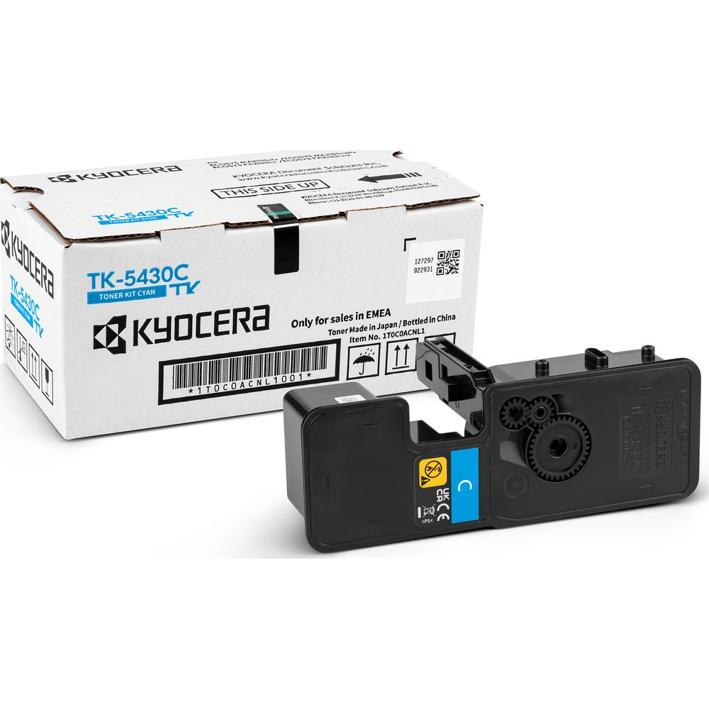 Zestaw tonera cyjan Kyocera TK-5430C obok pudełka.
