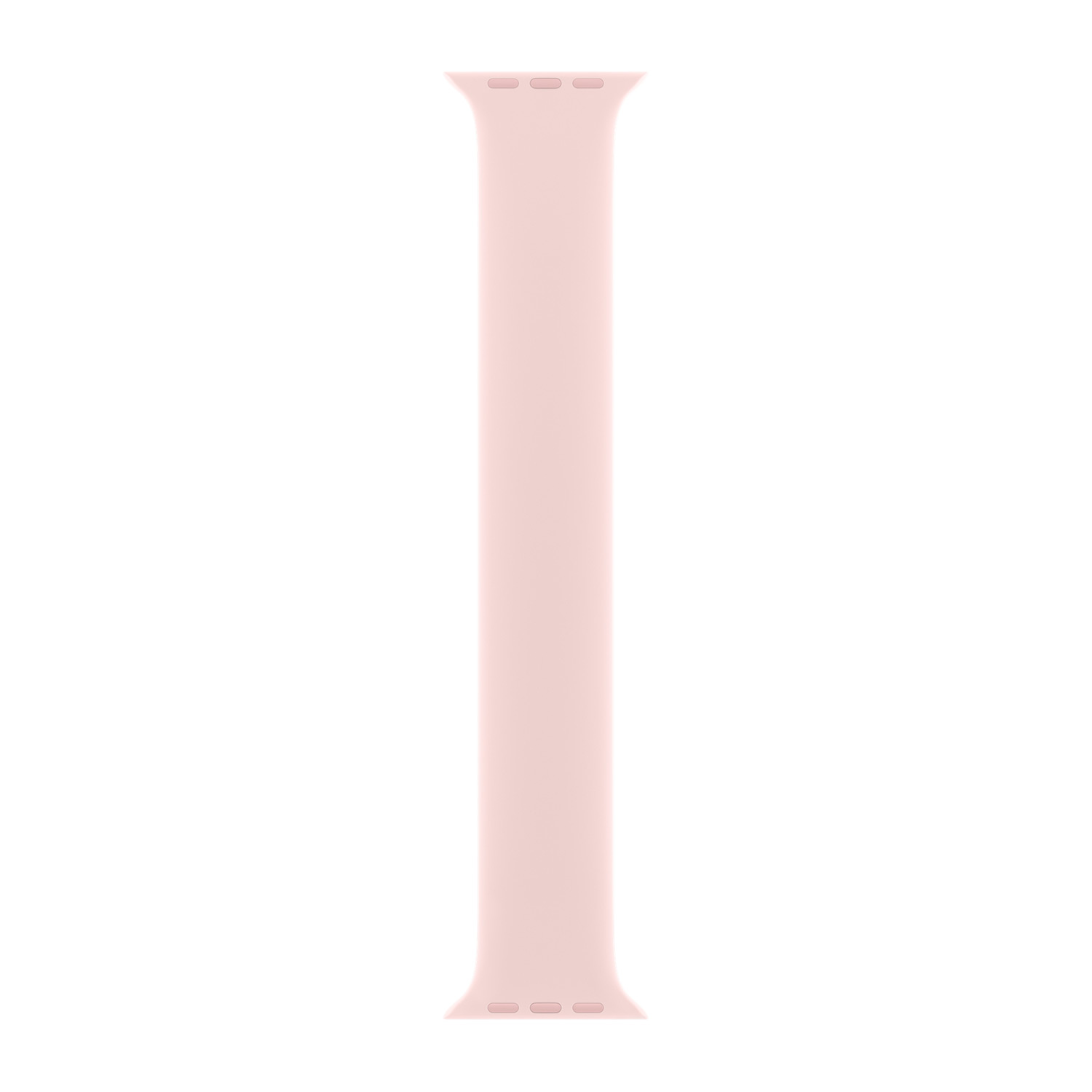 Un cinturino rosa chiaro in silicone per Apple Watch su sfondo bianco.