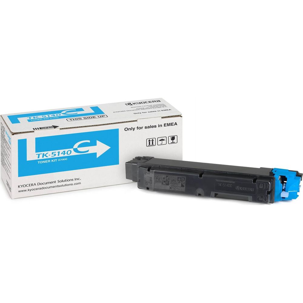 Cartouche de toner cyan Kyocera TK-5140 à côté de sa boîte.