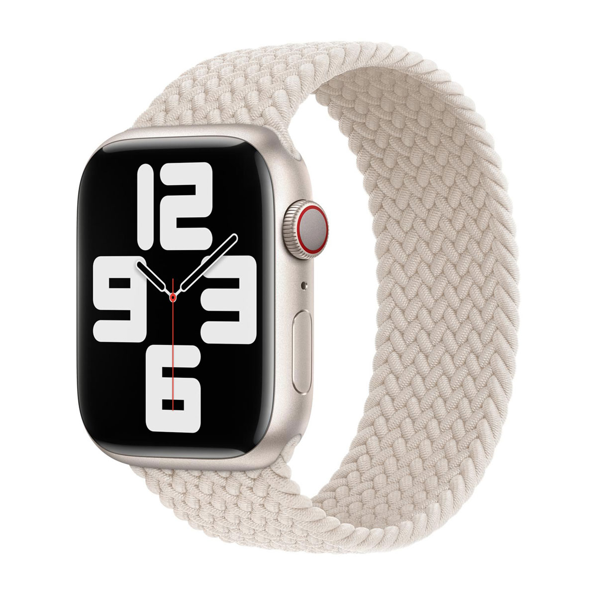 Zilverkleurig smartwatch met lichtgeweven band en digitale tijd op het scherm.