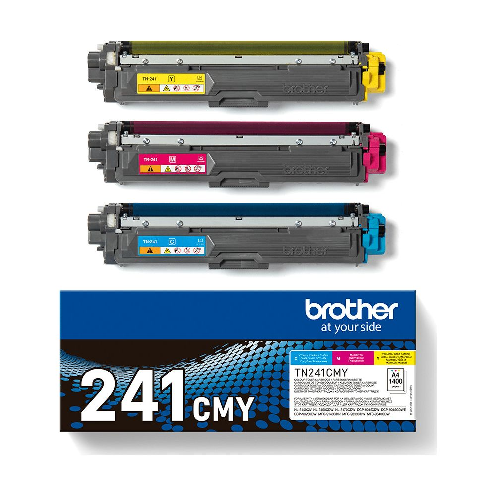 Drei Brother TN-241 Tonerkartuschen: Gelb, Magenta und Cyan, mit Verpackung.