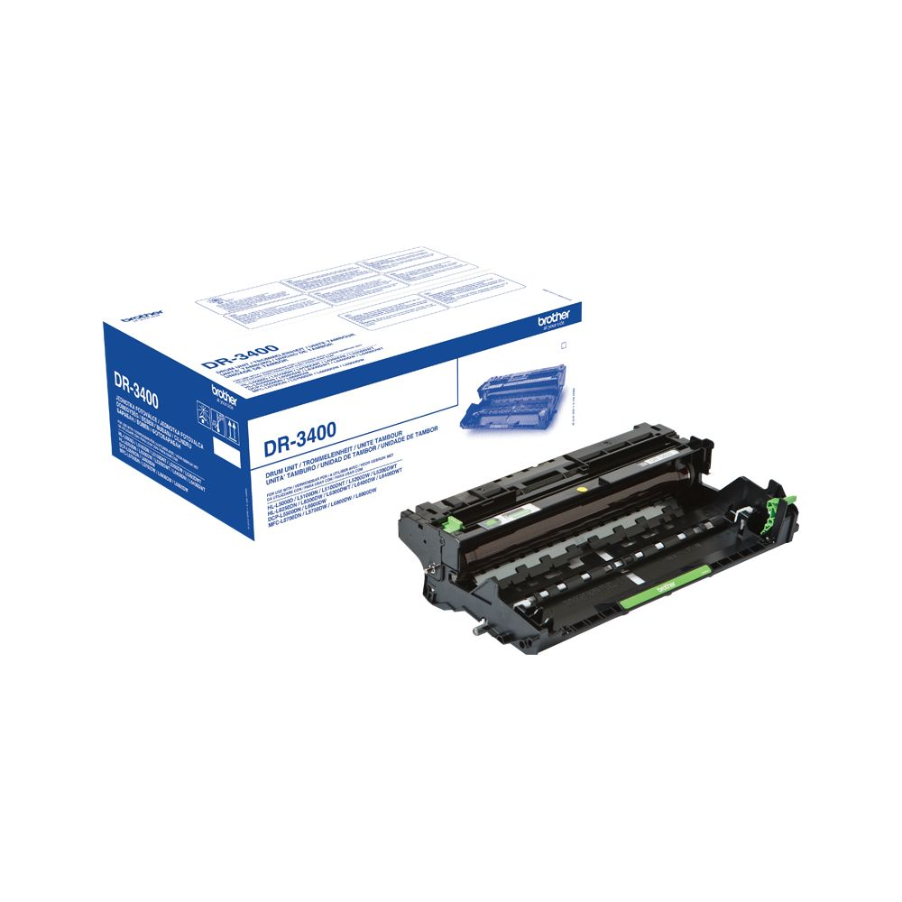 Brother DR-3400 Trommeleinheit mit Verpackung und kleinerer Einheit.