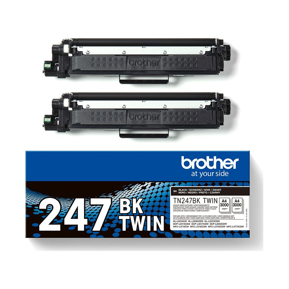 Two black Brother TN247BK Twin toner cartridges are shown side by side.