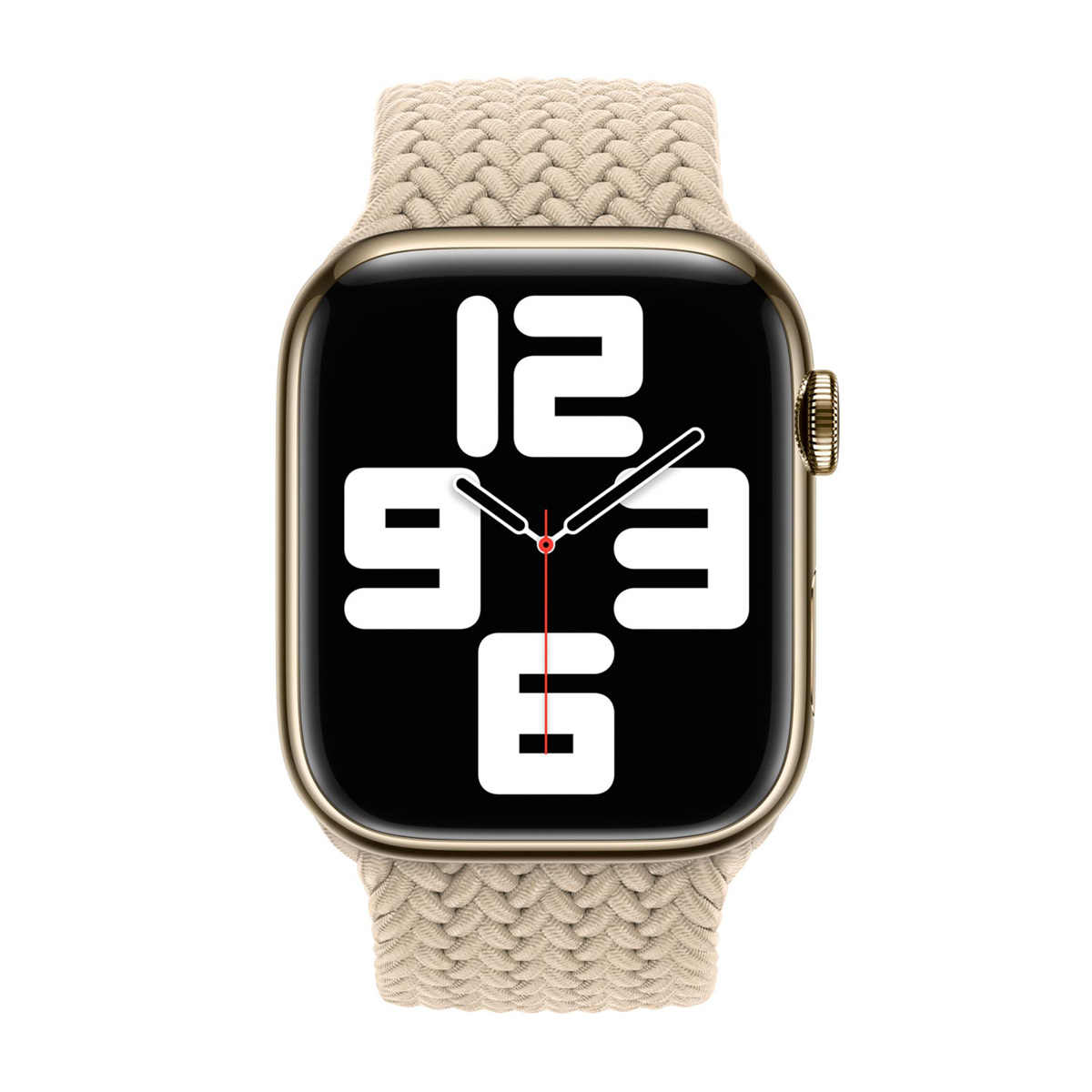 Złoty smartwatch z beżową plecioną bransoletą i czarną tarczą.